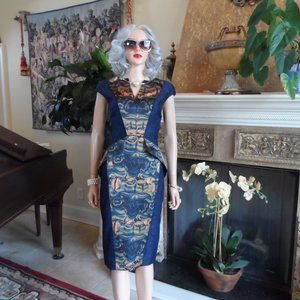 New Fotini Navy Blue Lace Dress w/Orange-Blue Abstract Print Inserts Size 8